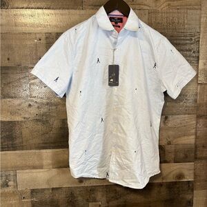 Michael Brandon “The Beatles”Light Blue Short-Sleeve Embroidered Button-Up Shirt